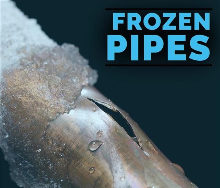 Broken and frozen pipe, right top of the picture it says FROZEN PIPES